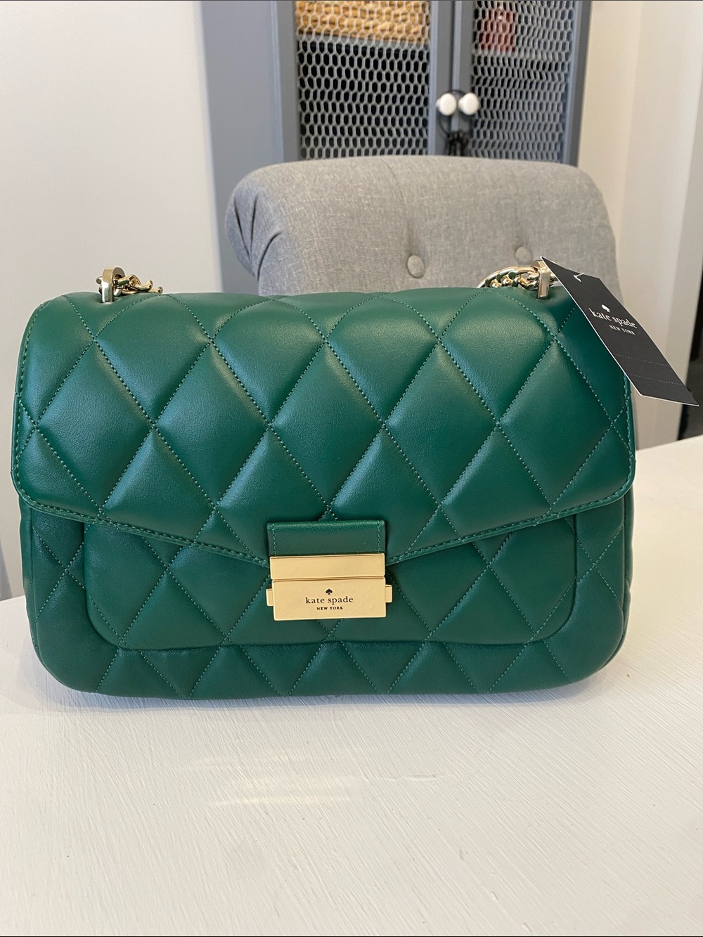 Kate Spade Green Carey Smooth Leather Medium Flap Quilted Shoulder Bag NWT
